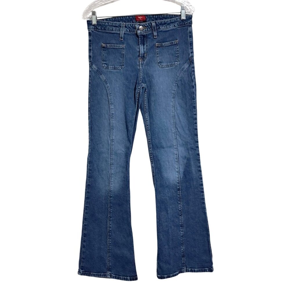 Vintage Y2K Mossimo Red Tab Low Rise Flare Jeans Women Size 11 Blue Stretch